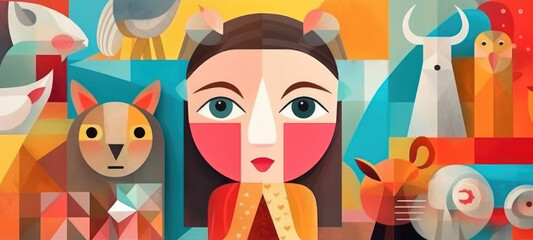 Colorful illustration with cute animals in cubism style for Children's Day