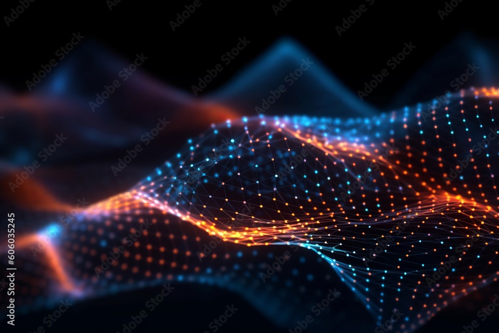 Poster dynamic geometric technology design element: abstract waves of golden glitter, generative ai.