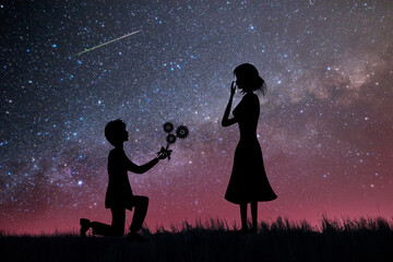 Against the background of the starry sky, a man with a bouquet of flowers confesses his love to a...