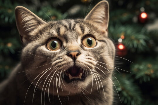 Shocked cat at Christmas tree background, generative ai