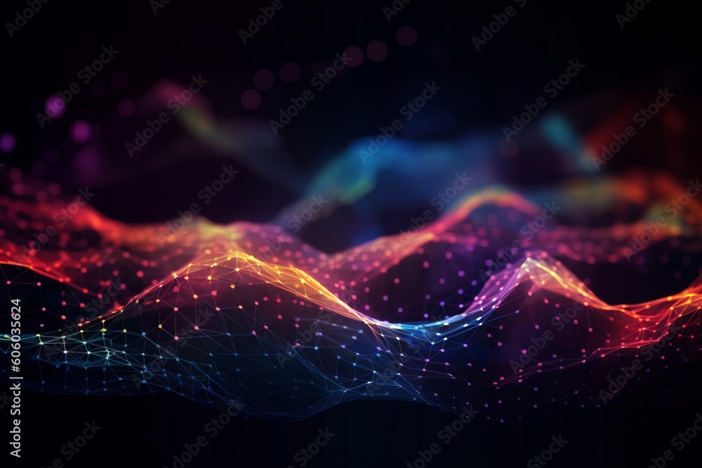 Poster abstract technology background with colorful bokeh and digital line dots: a creative graphic art des