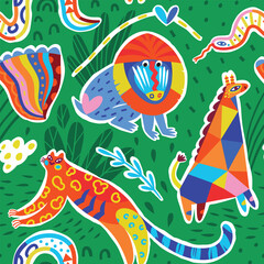 Seamless pattern with abstract African animals in childish style. Vector illustration