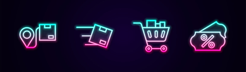 Set line Location with cardboard box, Shopping cart and food and Discount percent tag. Glowing neon icon. Vector