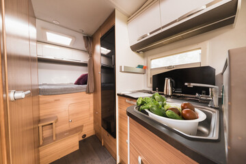 the interior of a mobile home. Salon inside the motorhome