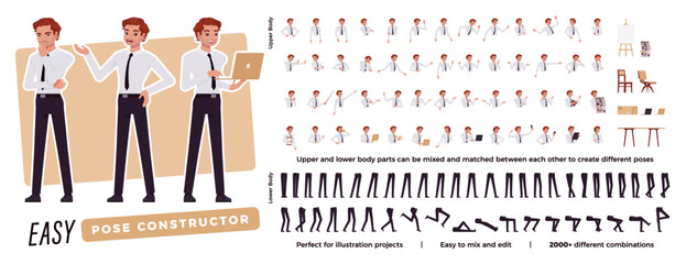 Business young consultant character easy pose constructor. Office boy drag drop set, male assistant body match, figure building. Vector flat style cartoon construction kit isolated, white background - obrazy, fototapety, plakaty
