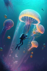 Obraz na płótnie Canvas big jellyfishes and diver in fantasy underwater, illustration, Generative AI