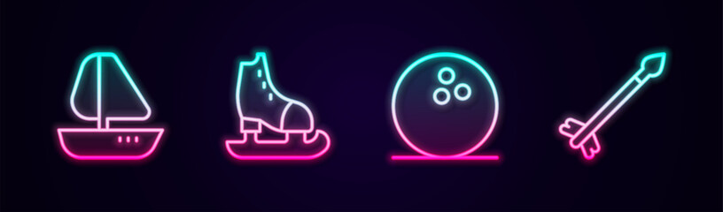 Set line Yacht sailboat, Skates, Bowling ball and Medieval arrows. Glowing neon icon. Vector