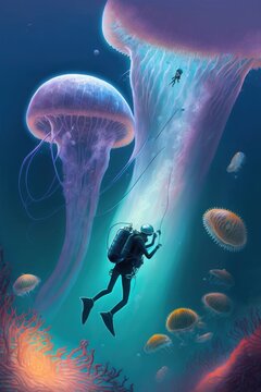 big jellyfishes and diver in fantasy underwater, illustration, Generative AI