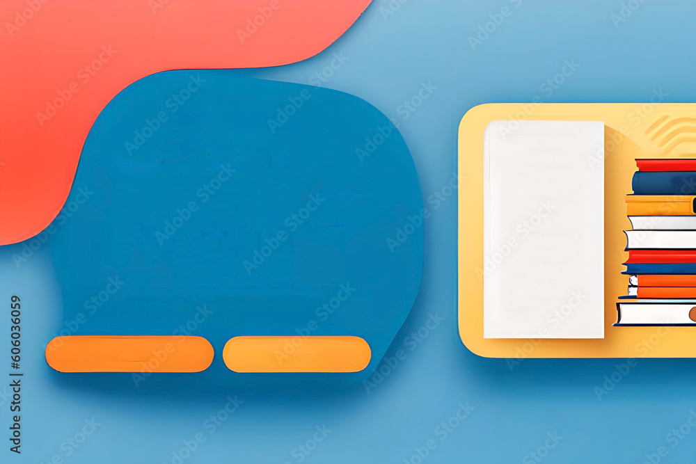 Poster a website banner for a language learning app featuring books and materials