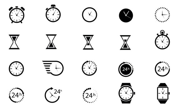 Vector black time, clock icon isolated on white. Sand watch set and 24h clock collection