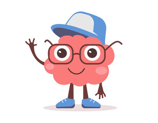 Vector illustration of happy brain child character with glasses and cap on white color background. Flat style design of business pink brain kid character