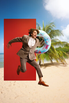 Excited businessman in formalwear holding swimming circle and jumping into beach with palms. Summertime rest. Creative collage. Concept of business and vacation, dreams and reality, inspiration. Ad