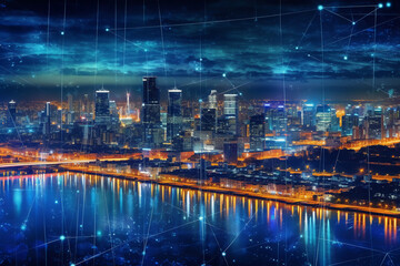 Smart city with wireless network connection and cityscape. big data connection technology concept. AI generative