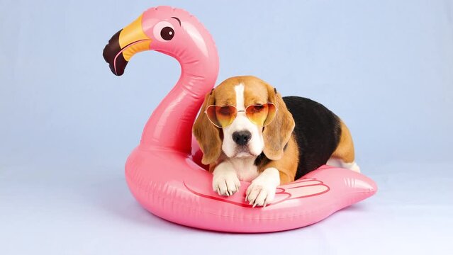 A cute beagle dog in sunglasses is lying on an inflatable pink flamingo. Preparing for a vacation at sea.