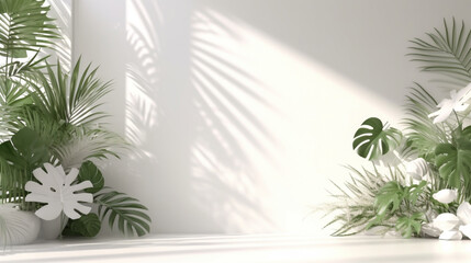 Abstract white studio background for product presentation. Empty room with shadows of window and flowers and palm leaves . 3d room with copy space. Summer concert. Blurred backdrop. Generative AI