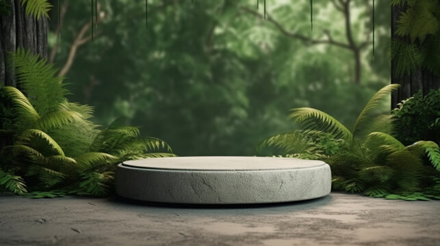 Concrete Podium In Tropical Forest For Product Presentation And Green Wall. 3D Render Illustration Generative AI