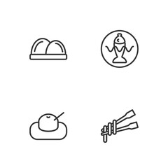 Set line Food chopsticks with noodles, Mochi, Sushi and Served fish on a plate icon. Vector