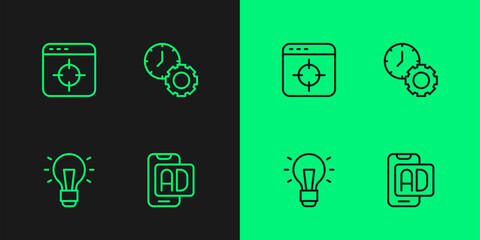 Set line Advertising, Light bulb, Target financial goal and Time management icon. Vector