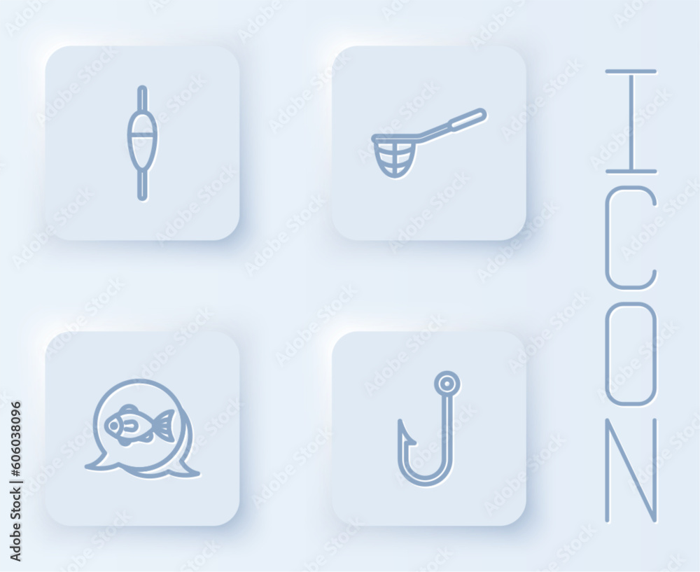 Poster set line fishing float, net, and hook. white square button. vector