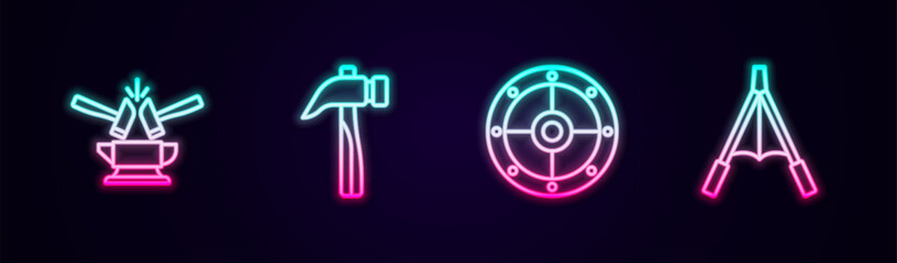 Set line Anvil and hammer, Hammer, Round shield and Air blower bellows. Glowing neon icon. Vector