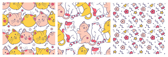 Fun seamless patterns with cute naughty cats. Set of cartoon wallpapers with kittens. Feline backgrounds for fabric design, wrapping paper.