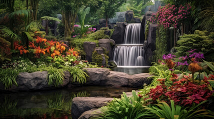 flower garden with a waterfall and a variety of colorful plants