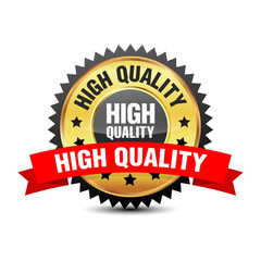 High quality guarantee badge with red ribbon on top isolated on white background. Vector illustration. 