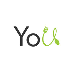 You word typography with spoon and fork. Simple logo design for food industry. Minimalist logo concept. Vector, illustration.