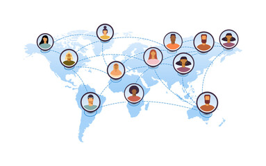 Vector flat illustration, people connecting all over the world, World Map Communication Vector illustration