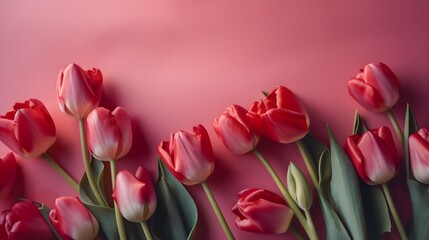 A bouquet of pink tulips on pink background with copy space