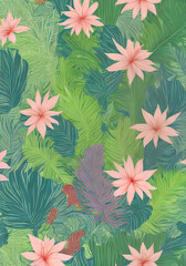 Tropical botanical pattern on flat stem. Pastels.