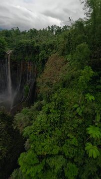 Vertical video. Wallride dive shot tropical island waterfall speed water fall stream stones mountain valley aerial view. FPV sport drone extreme jungle cascade fern greenery cliff creek pool scenery