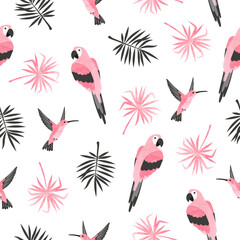 Seamless tropical pattern with watercolor birds and palm leaves. Vector parrots and hummingbirds illustration