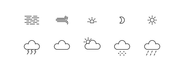 Weather line icon set. Sun, moon, cloud, wind, fog, rain, snow and thunder. Vector EPS 10