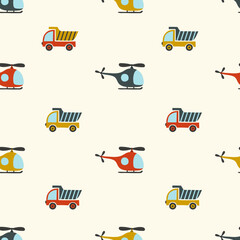 Seamless cartoon toy transport pattern. Vector childish illustration with lorry and helicopter