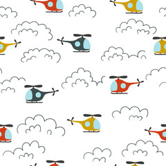 Seamless pattern with colorful helicopters and clouds for kids