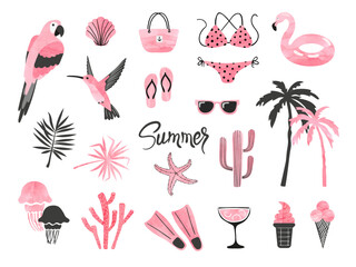 Cute big beach set with summer items. Vector watercolor travel illustration of flamingo rubber ring, sunglasses, swimsuit, tropical birds and palm trees