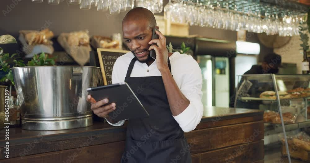 Poster cafe, order and a black man on a phone call with a tablet for restaurant stock, service and networki