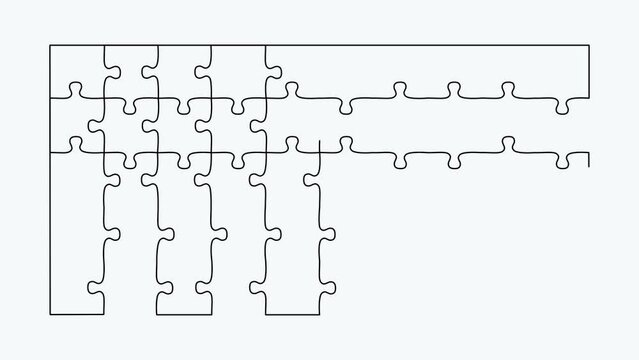 Animation of self-drawing one line, push and stack puzzle pieces to build a solid building.
