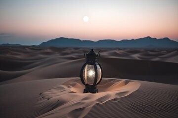 A lantern in the desert with the moon in the background. Generative AI