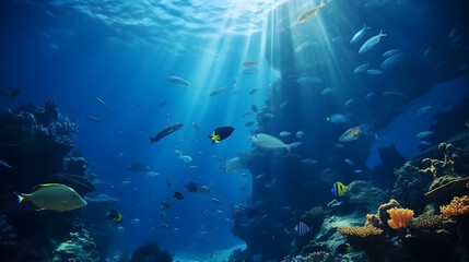 Naklejka na ściany i meble Beautiful underwater view of the coral reef. Life in the ocean. School of fish. Generative AI