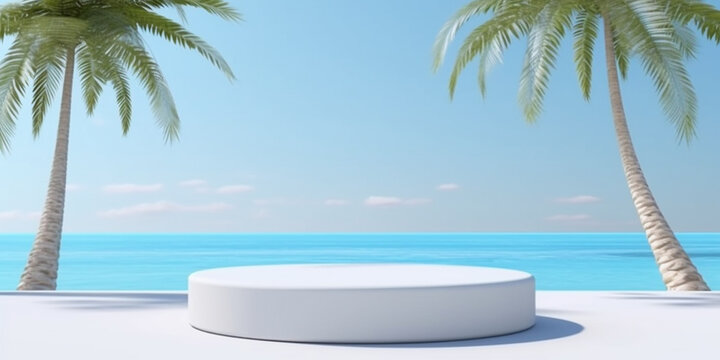 Platform podium for product display and promotion, on beach with clear blue ocean and palm trees