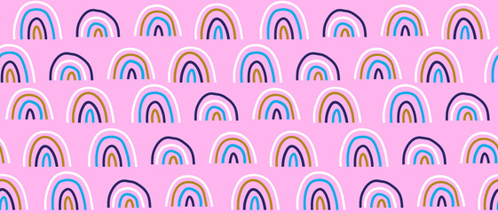 Hand Drawn Irregular Seamless Vector Pattern with Colorful Rainbows on a Light Pink Background. Simple Infantile Style Abstract Doodles Repeatable Design. Colorful Rainbows Print. Rgb Vivid Colors.