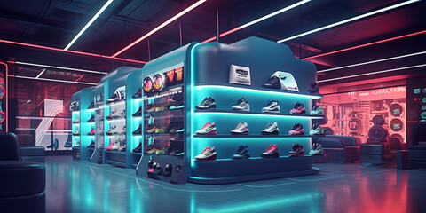 Futuristic sneaker shoe store with bright neon lights, design and architecture inspiration