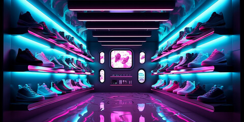Futuristic sneaker shoe store with bright neon lights, design and architecture inspiration - obrazy, fototapety, plakaty