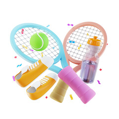 3D illustration. Tennis sports equipment such as rackets, tennis balls, etc., which is a popular sport all over the world.