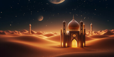 Ramadan kareem themed, lantern islamic mosque and crescent moon in the desert at night