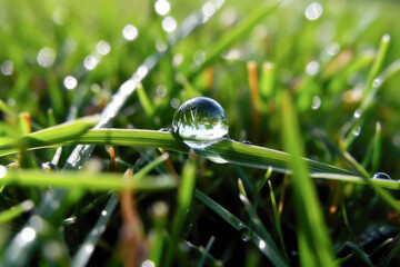 A close-up of a droplet of water on a blade of green grass - Generative AI