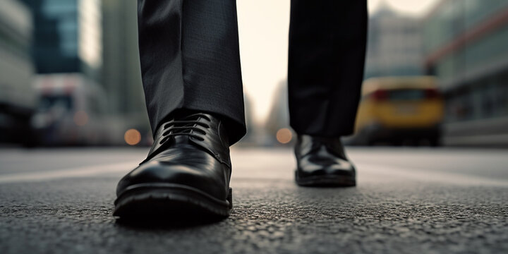 Feet and shoes of business man wearing a suit on the road close up