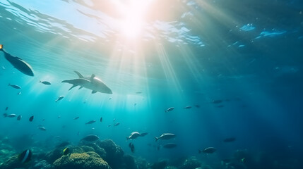 Fototapeta na wymiar Beautiful underwater view of the coral reef. Life in the ocean. School of fish. Generative AI